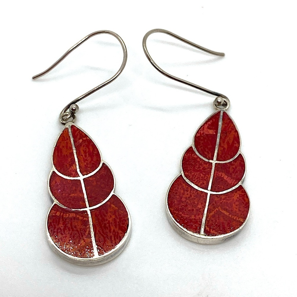 Vtg Sterling & Red Coral Slice Dangle Shepherds Hook Post Earrings | 2” L Total